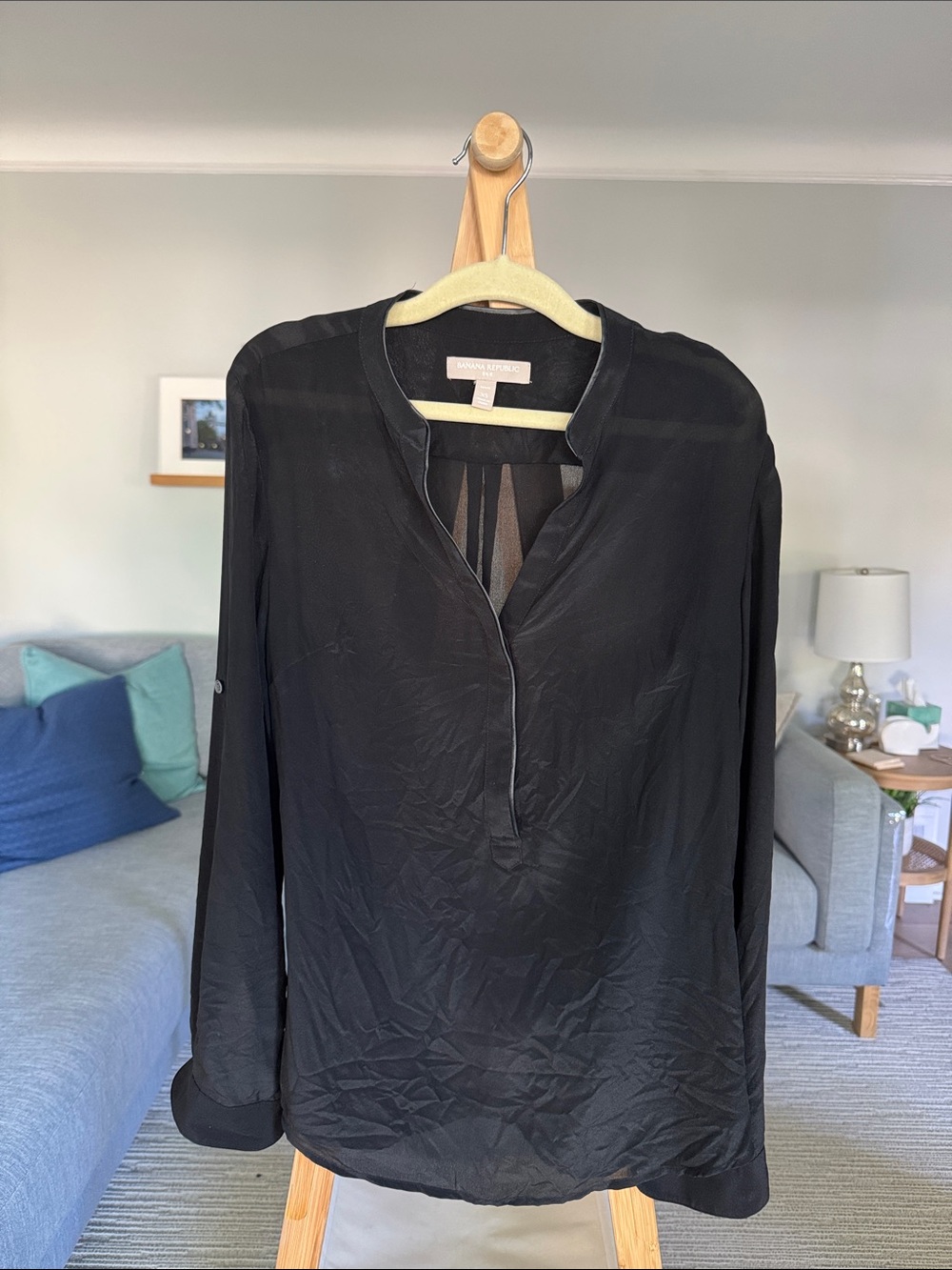Banana Republic Black Sheer Split-Neck Silk Blouse with leather trim